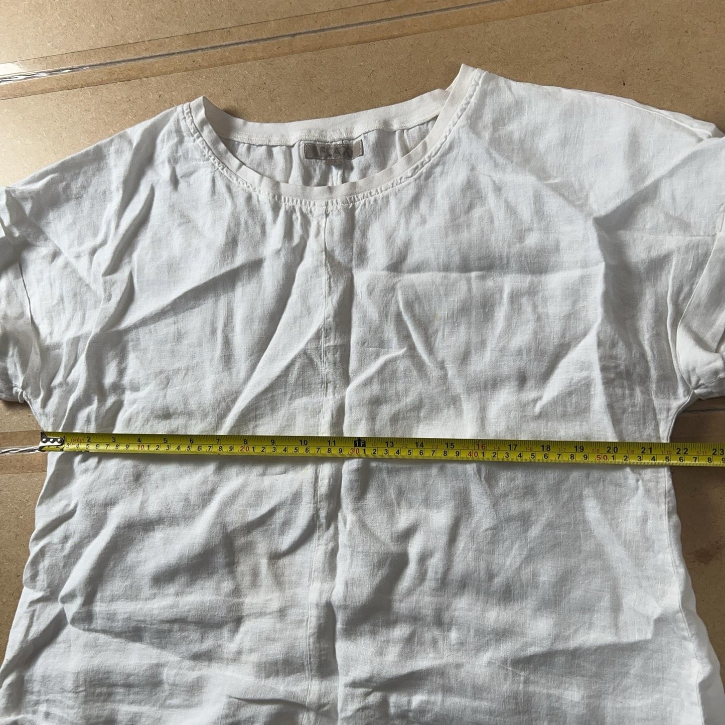 FLAX Tunic Womens L White Linen Cotton Spandex Round Neck Short Sleeve Pleated