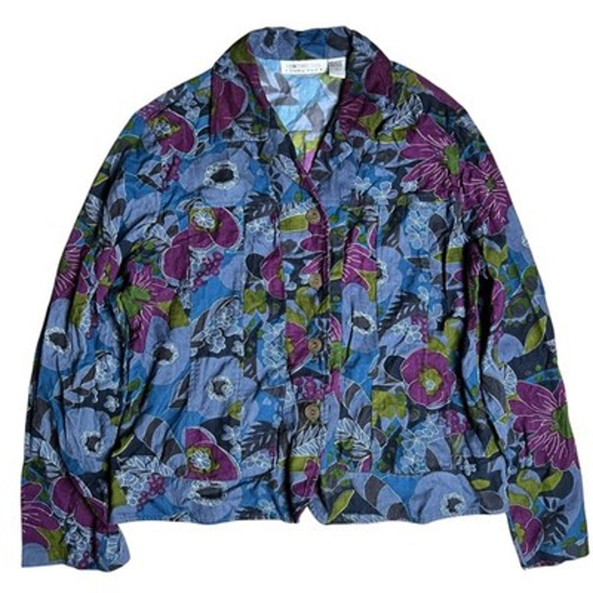 NEW DIRECTION Cardigan Womens XL Blue Floral Corduroy Button Pockets Lightweight