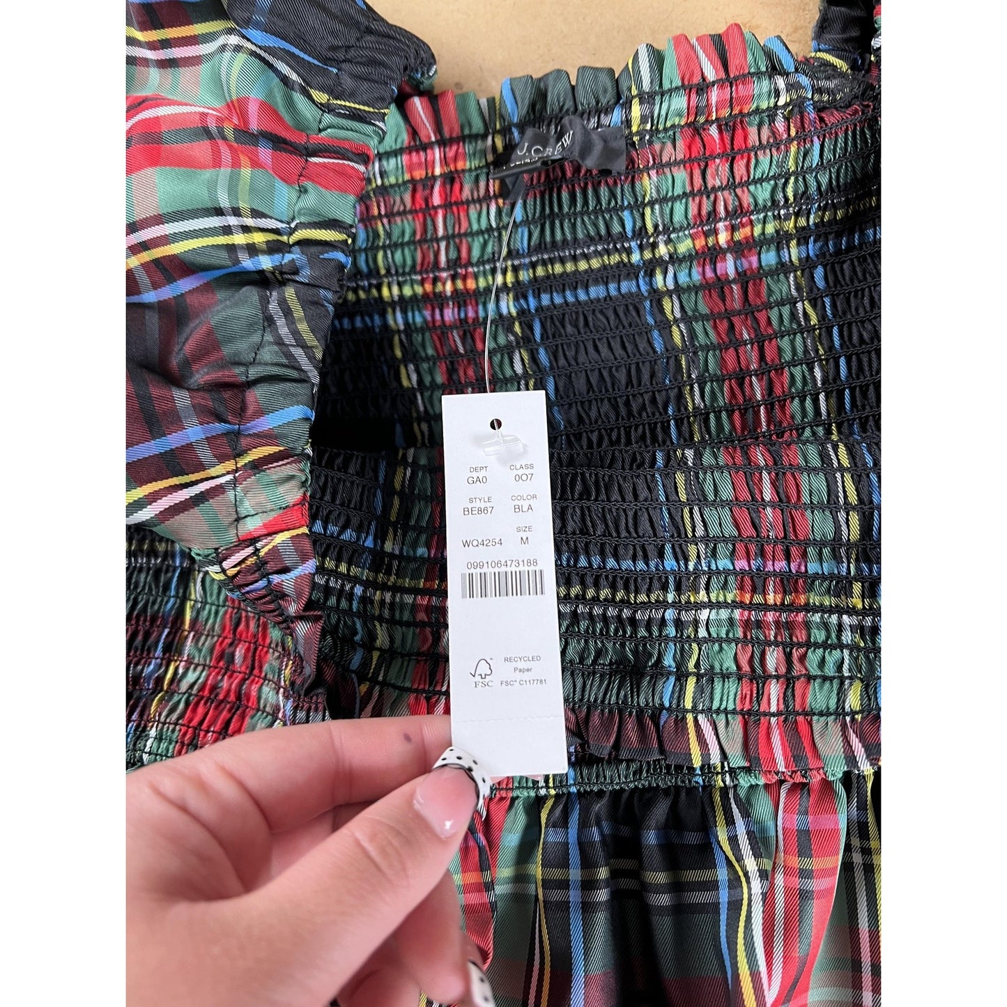J.CREW Blouse Womens M Multicolor Cropped Off The Shoulder Balloon Sleeve Plaid