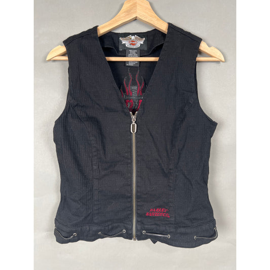 Harley Davidson Ribbed Black Womens Vest Size Medium Embroidered Motorcycle