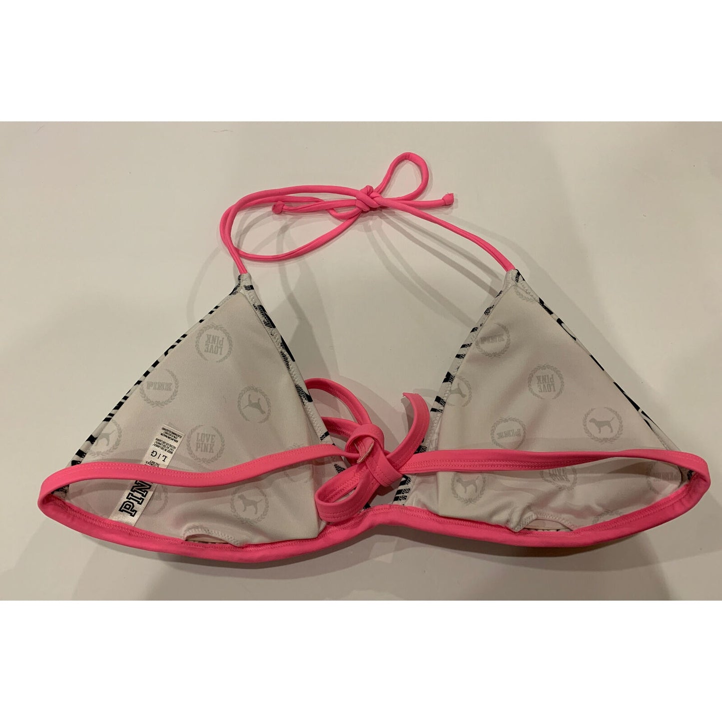 Victoria's Victoria Secret Bikini PINK Top Black & White letters pink Sz L - EUC