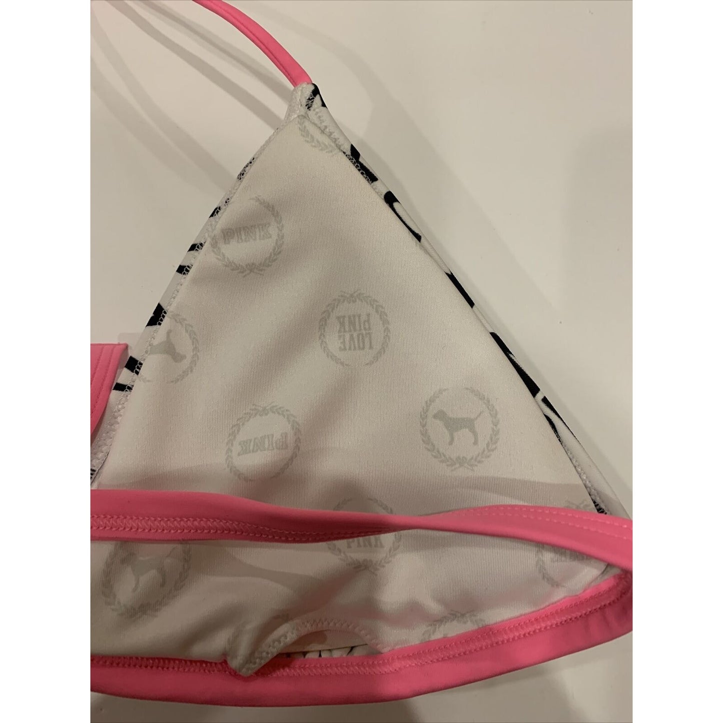 Victoria's Victoria Secret Bikini PINK Top Black & White letters pink Sz L - EUC