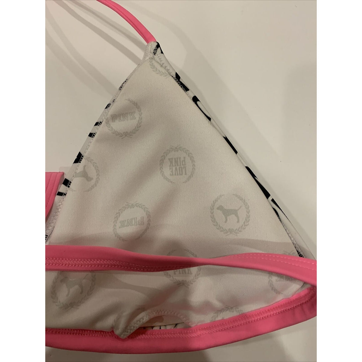 Victoria's Victoria Secret Bikini PINK Top Black & White letters pink Sz L - EUC