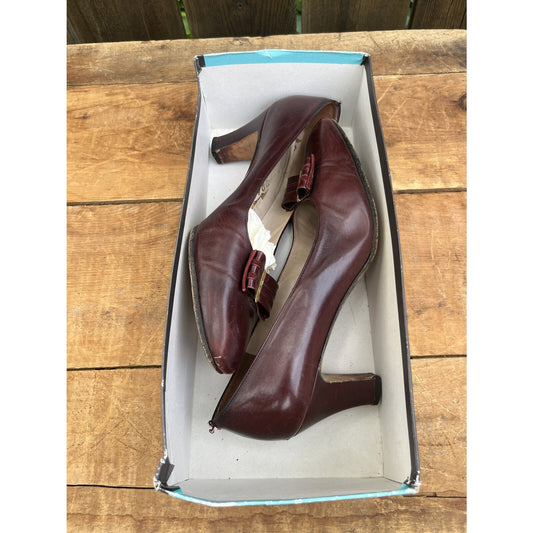 Salvadore FERRAGAMO Size 8 Maroon Wine Red Bow Heel Shoes Italy Vintage W Box