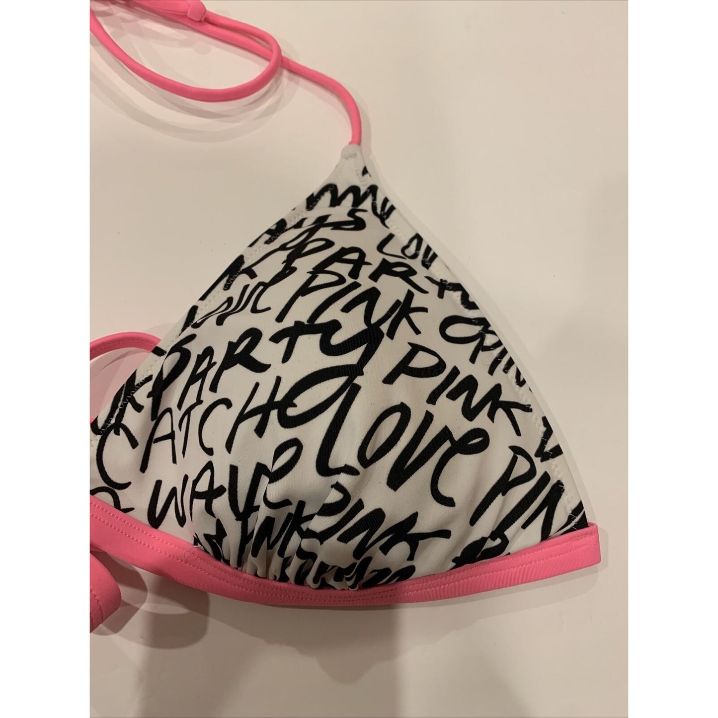Victoria's Victoria Secret Bikini PINK Top Black & White letters pink Sz L - EUC