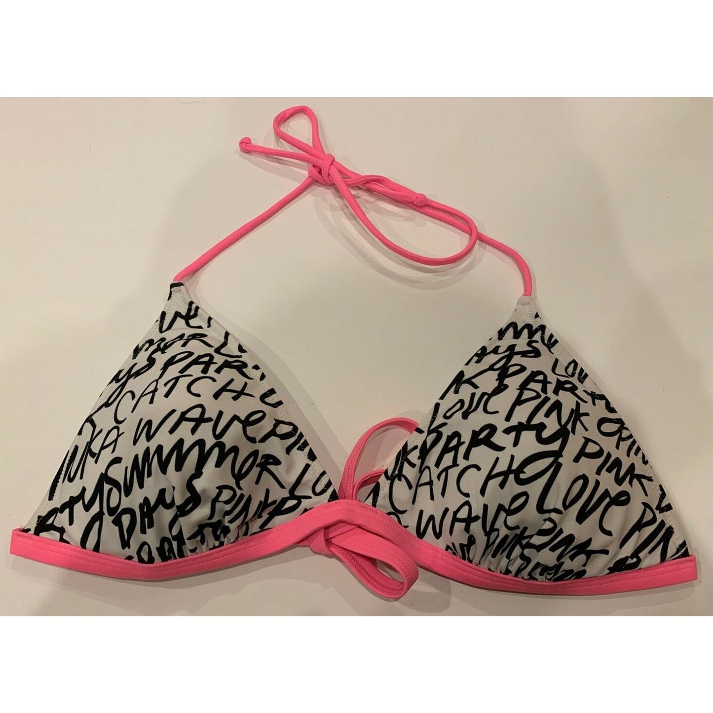Victoria's Victoria Secret Bikini PINK Top Black & White letters pink Sz L - EUC