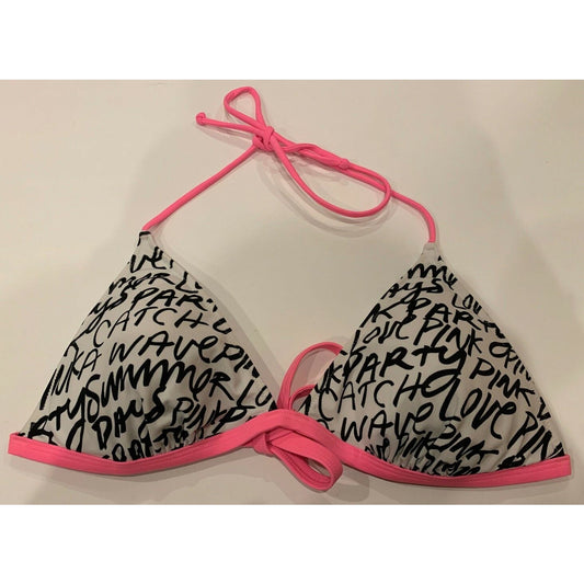 Victoria's Victoria Secret Bikini PINK Top Black & White letters pink Sz L - EUC